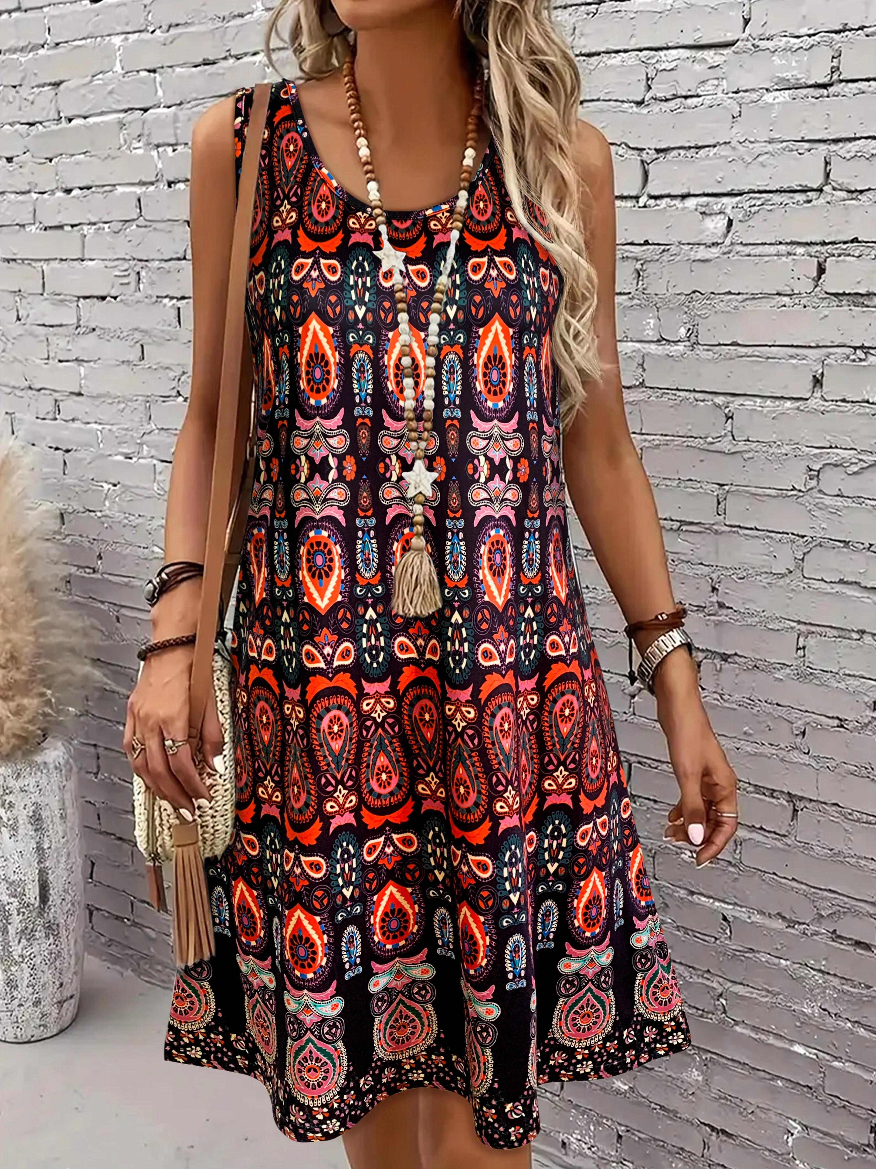 Vestido sin mangas con estampado vintage para mujer, vestido veraniego con hombros descubiertos, vestido de playa bohemio informal