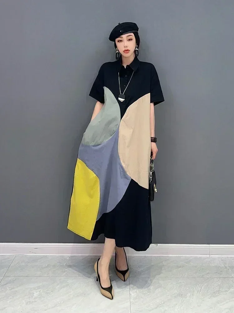 XITAO コントラストカラープリントシャツドレス シンプルファッション ルーズ半袖 ターンダウンカラードレス 2025 夏新作 ZY8451