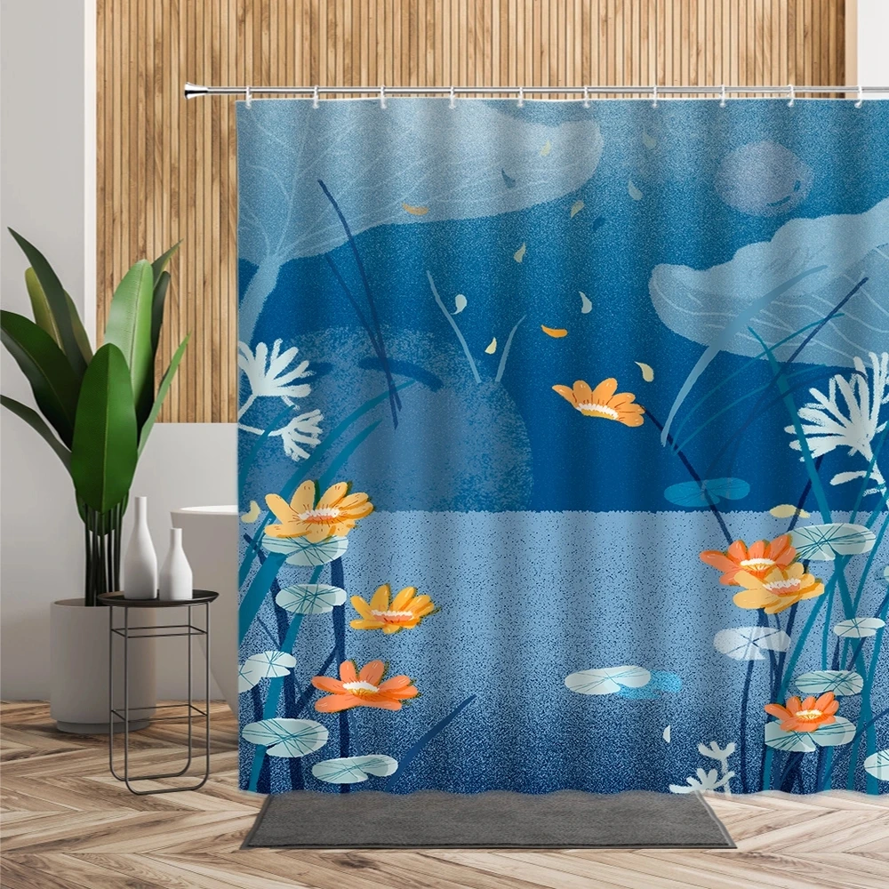 New Chinese Ink Painting Shower Curtain Zen Flower Bird Lotus Bathroom Screen Waterproof Bath Curtains Shower Curtains with Hook