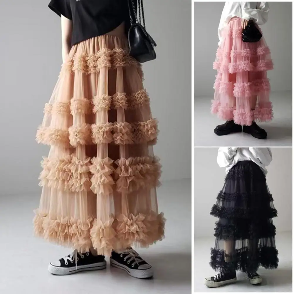 

Женская многослойная юбка-макси из фатина с высокой талией, А-силуэт, с оборками, сетчатая, многоярусная, струящаяся, в стиле феи, миди, на резинке