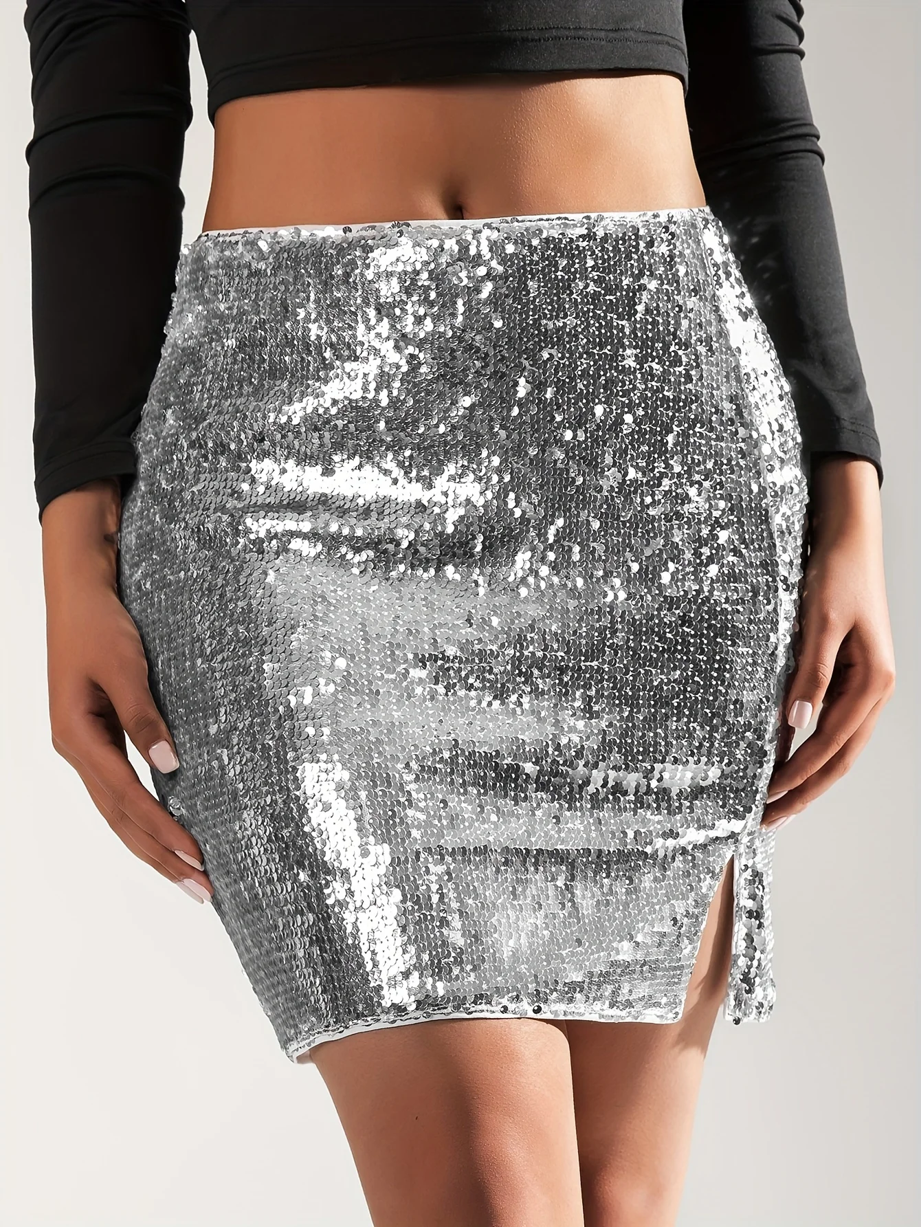 

Sequined Split Bodycon Skirt, Elegant High Waist Mini Skirt For Party & Nightclub, Women's Clothing