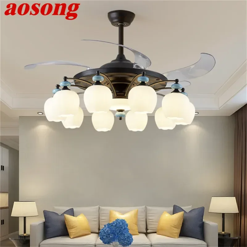 AOSONG Modern Stealth Fan Light Luxury Living Room Restaurant Bedroom Ceiling Fan Light Remote LED Electric Fan Light