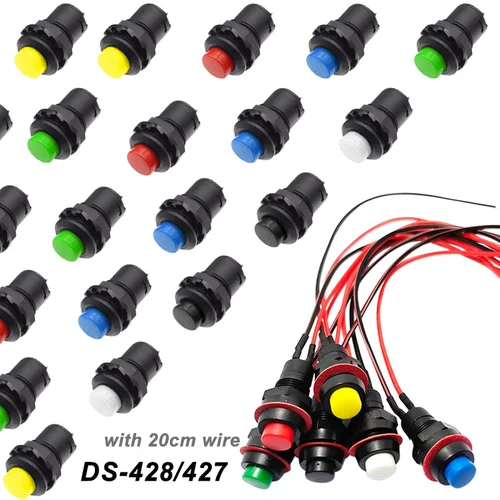 Imagen 1 del producto 5/20/100 Uds. Interruptor de botón redondo de 12mm DS-428/427 interruptor de botón de reinicio automático autoblocante con Cable de 20cm