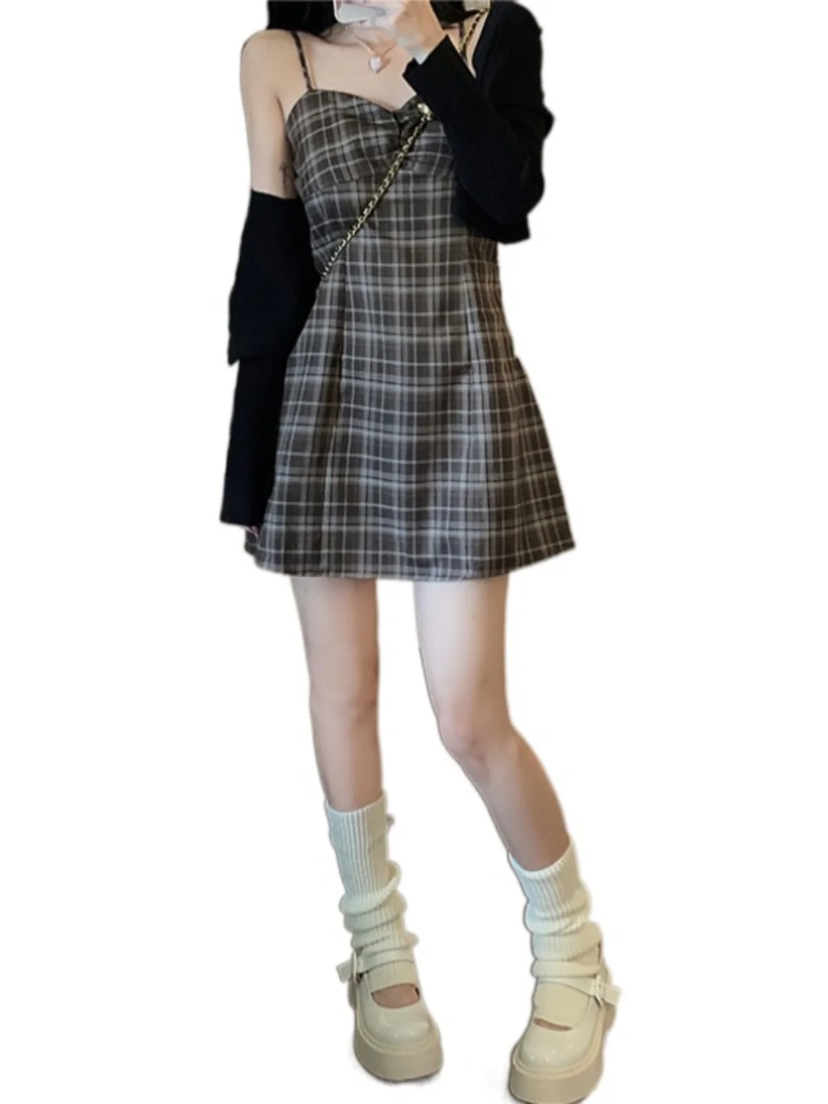 

Plus Size plus Size Women's Bla ort Cardigan Top Plaid ter Dr Slimming Waist Two-Piece Set Korean Sle Commute High Waist