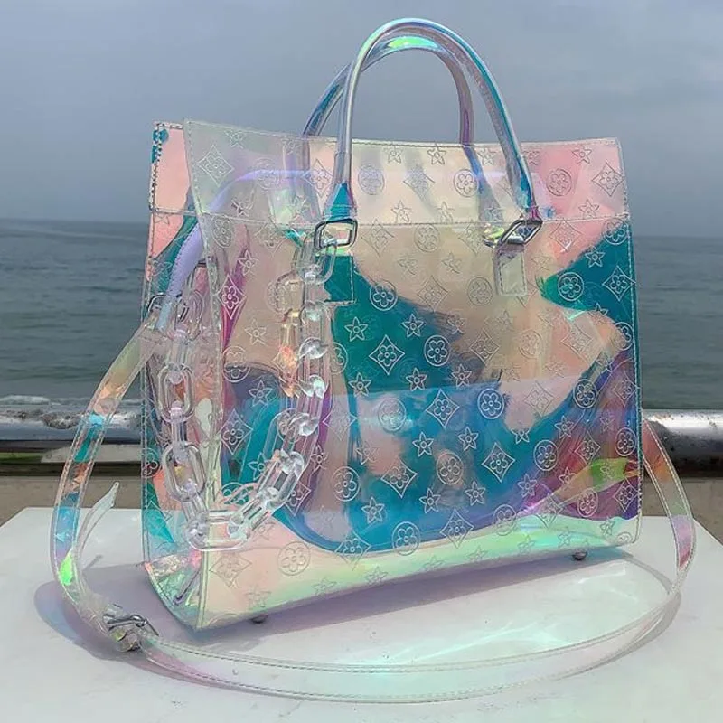

Women TPU Transparent Tote Laser Holographic Colorful Shiny Travel Bag Leisure Luggage Large Capacity Sports Gym Messenger Bag