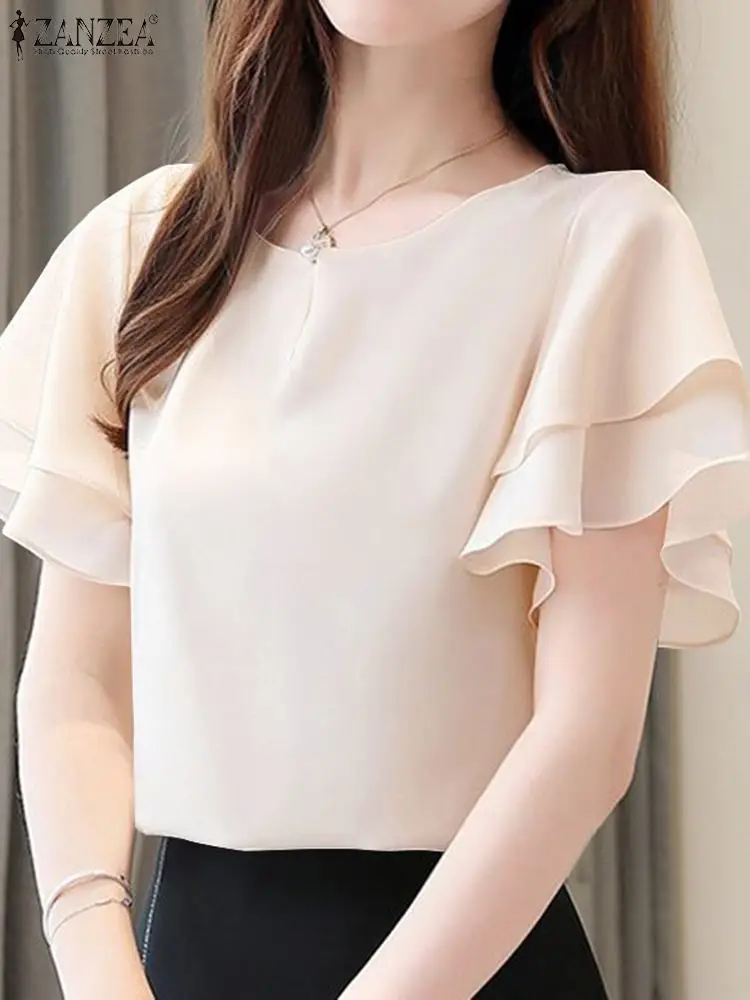 Elegant Women Short Sleeve Office Shirt ZANZEA Summer Blouse Fashion Solid OL Work Tops O Neck Blusas Tunic Ruffles Chemise