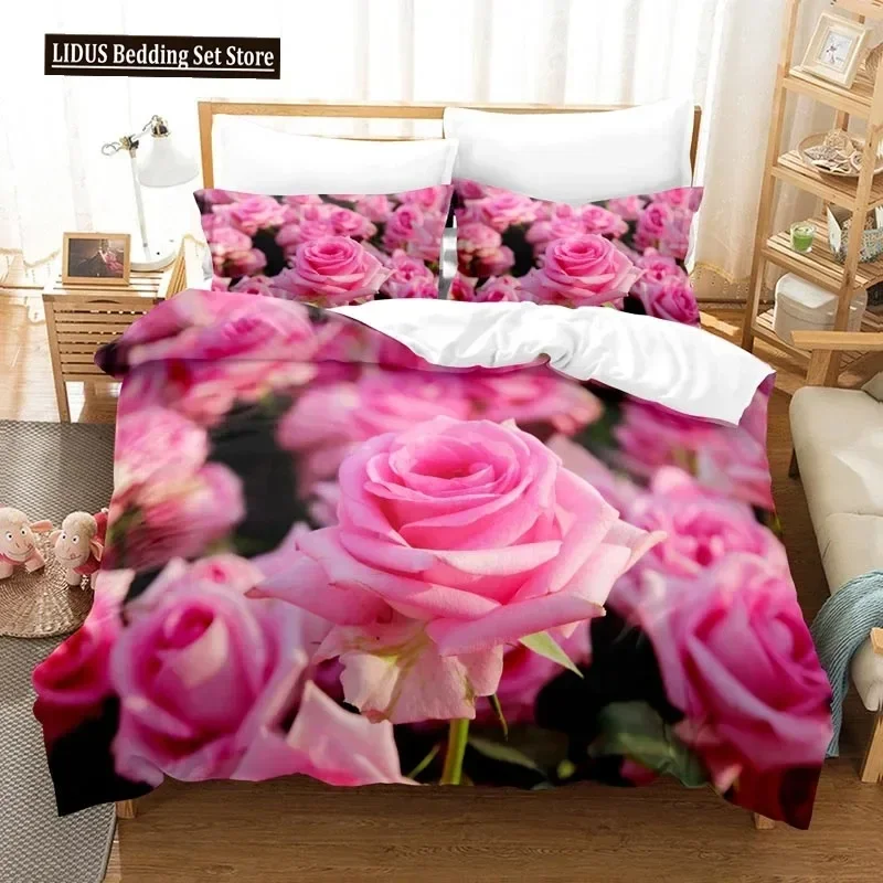 

Valentine's Day Pink Rose Duvet Cover Set Romantic Themed Gift Bedding Set Queen King Size 3D Polyester Quilt Cover