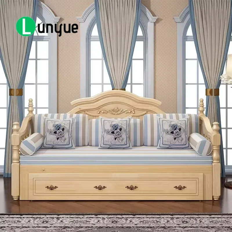 European Solid Wood Pine Sofa Bed Sliding Folding Dual Purpose Storage Couch for Living Room Space Saving Multifunctional