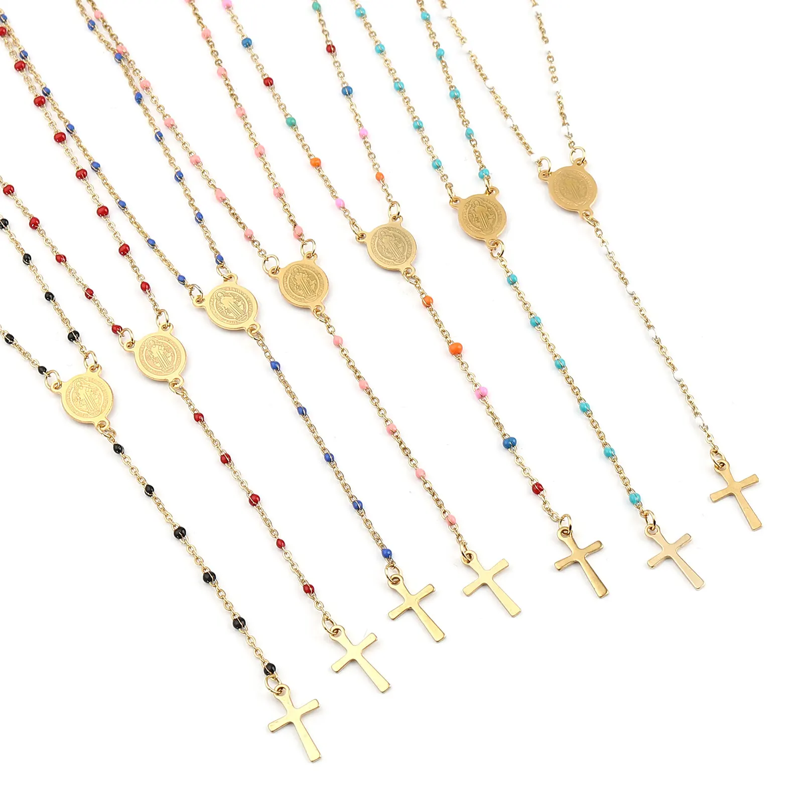 Stainless Steel Religious Link Cable Chain Necklace Gold Color Cross Jesus Enamel For Women Gifts 49cm(19 2/8