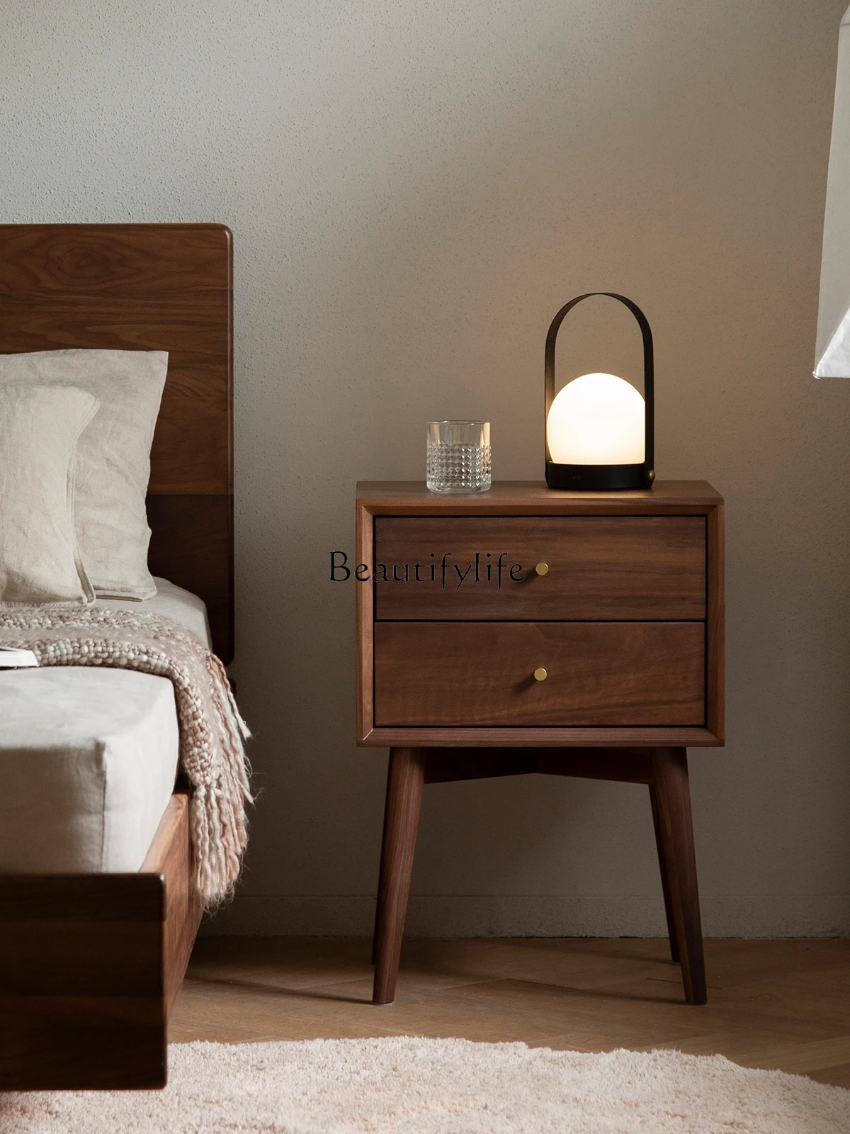 

Nordic Solid Wood Bedside Cabinet Black Walnut Storage Bedroom Simple Bed Corner Cabinet Log Style