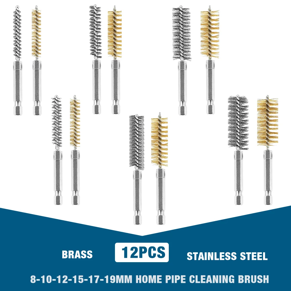 6/12-delige roestvrijstalen draadborstel, boorreinigingsborstelset, 1/4 inch zeskanthandvat, 8 mm 10 mm 12 mm 15 mm 17 mm 19 mm huishoudelijk slijp-, polijst-, reinigings- en - afbeelding 1
