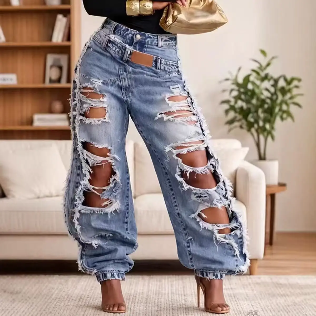 2026 Summer Fashion Women's Jeans New High-waisted Ripped Double-waisted Tied Jeans
