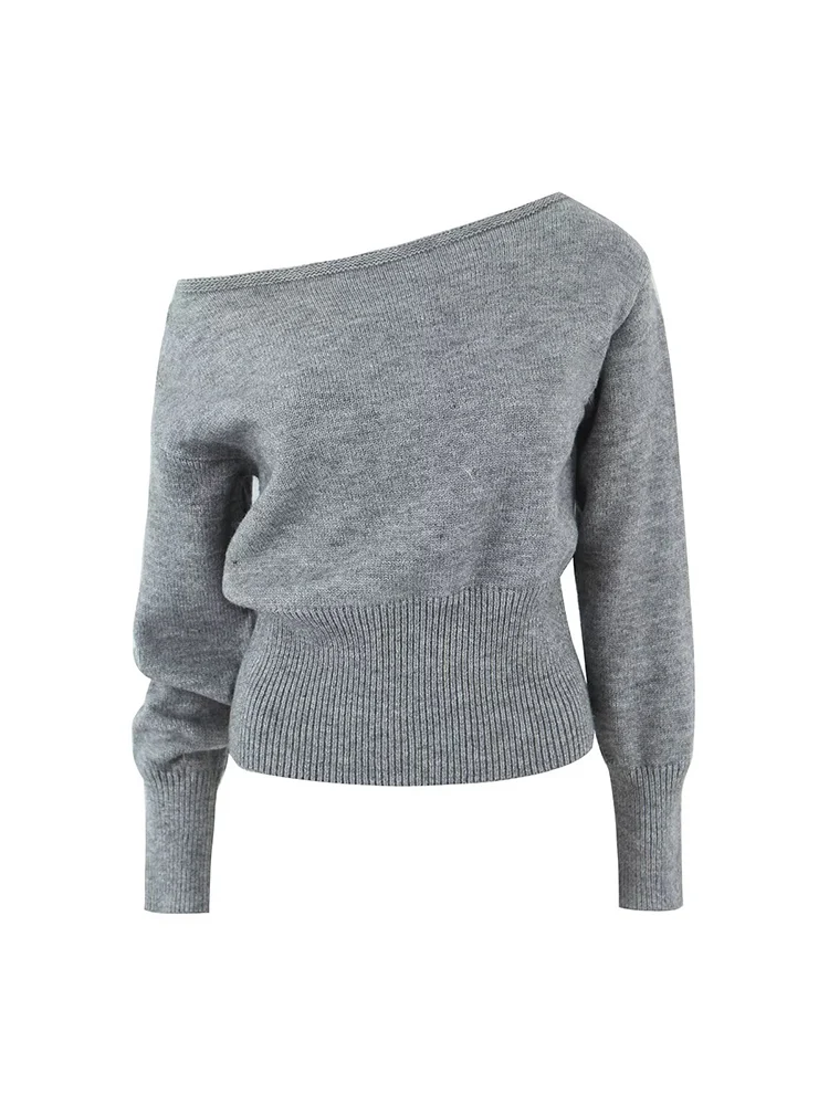 Jesienny nowy damski sweter w stylu francuskim retro, prosty, modny, z długim rękawem, seksowny, z odkrytym ramieniem lub bez ramiączek.