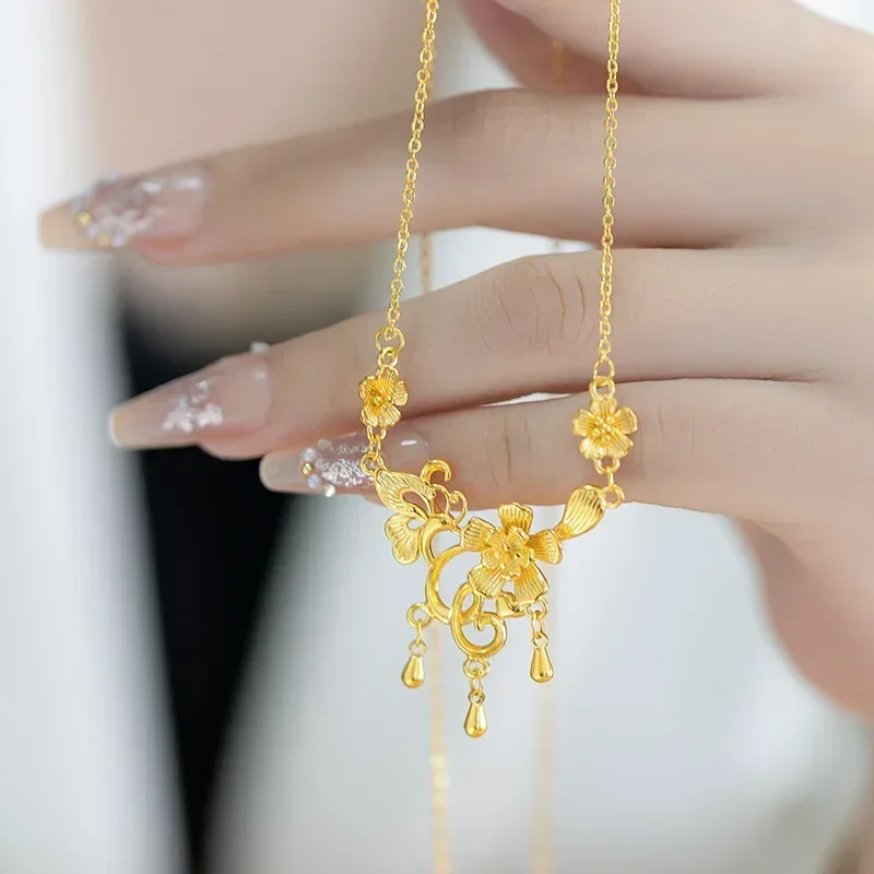 9999 Real Gold 24K Premium Gold Wedding Flower Necklace Niche Fashion Bridal Jewelry Flower Field Happy Event Flower Necklace