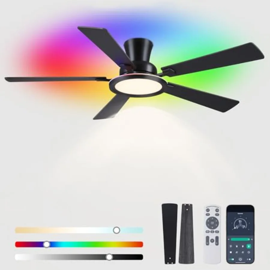 Ceiling Fans with Lights - 52in Flush Mount Ceiling Fan with RGB Dimmable, 3CCT 6 Wind Speeds and Reversible Quiet Motor, Low P