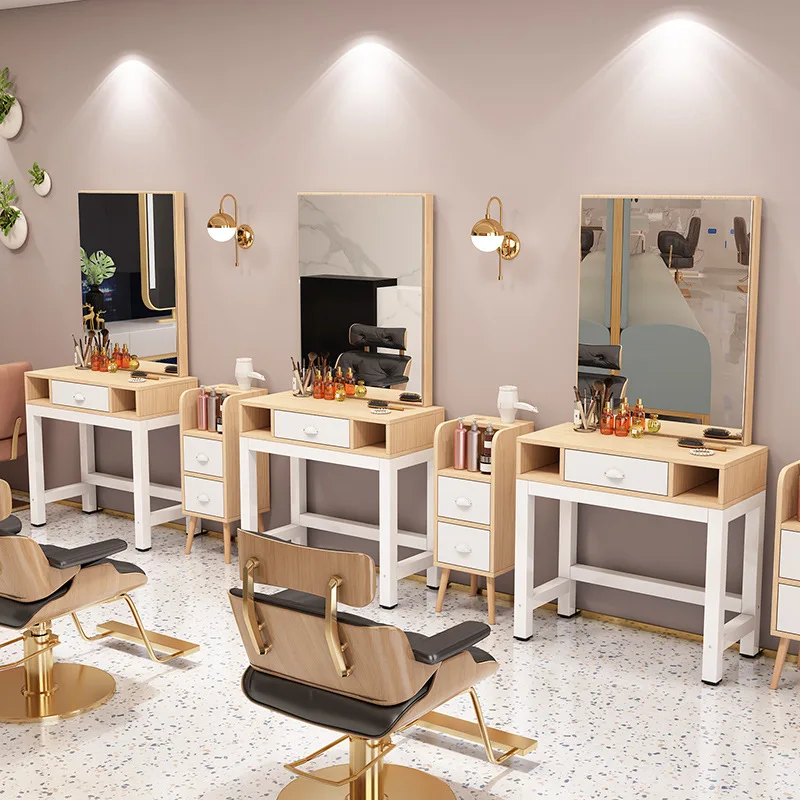 Barbershop mirror stand, hair salon special solid wood cabinet integrated single-sided makeup, perming, dyeing, cutting, hairdre