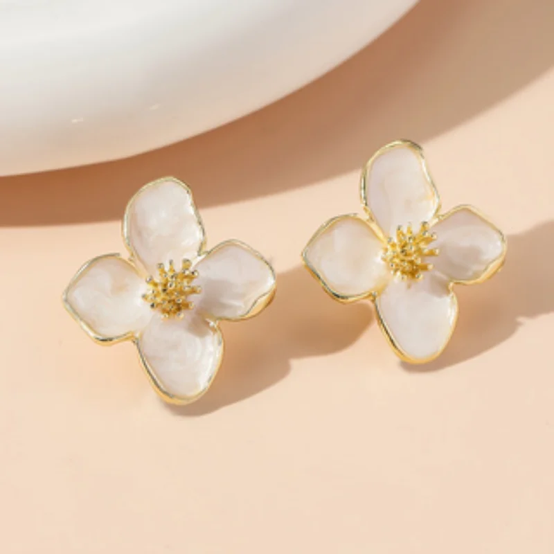1 Pair of Vintage Floral Glazed Earrings for Women - Four-Petal Flower Design, Perfect for Parties, Festivals, and Gifts