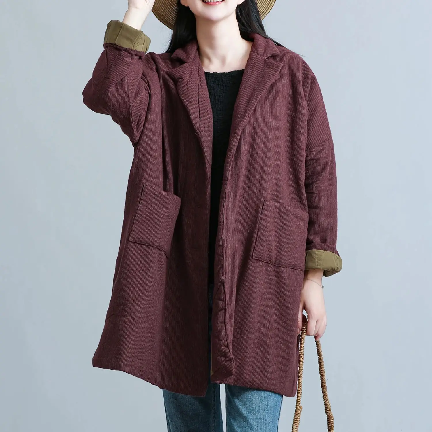 

LZJN Women's Winter Mid-Length Relaxed Fit Quilted Cotton-Linen Coat - Arty Bohemian Style, Comfortable & Fashionable