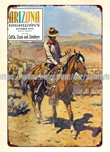 1970 Arizona highways cattle guns horse cowboys metal tin sign wall home tavern