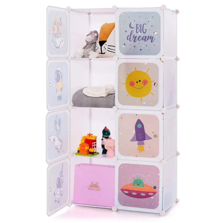 

Children Wardrobe, Kid Closet Portable Baby Dresser Cute for Kids Bedroom Nursery Armoire with Doors 12 Cube 2 Hanging Sections,