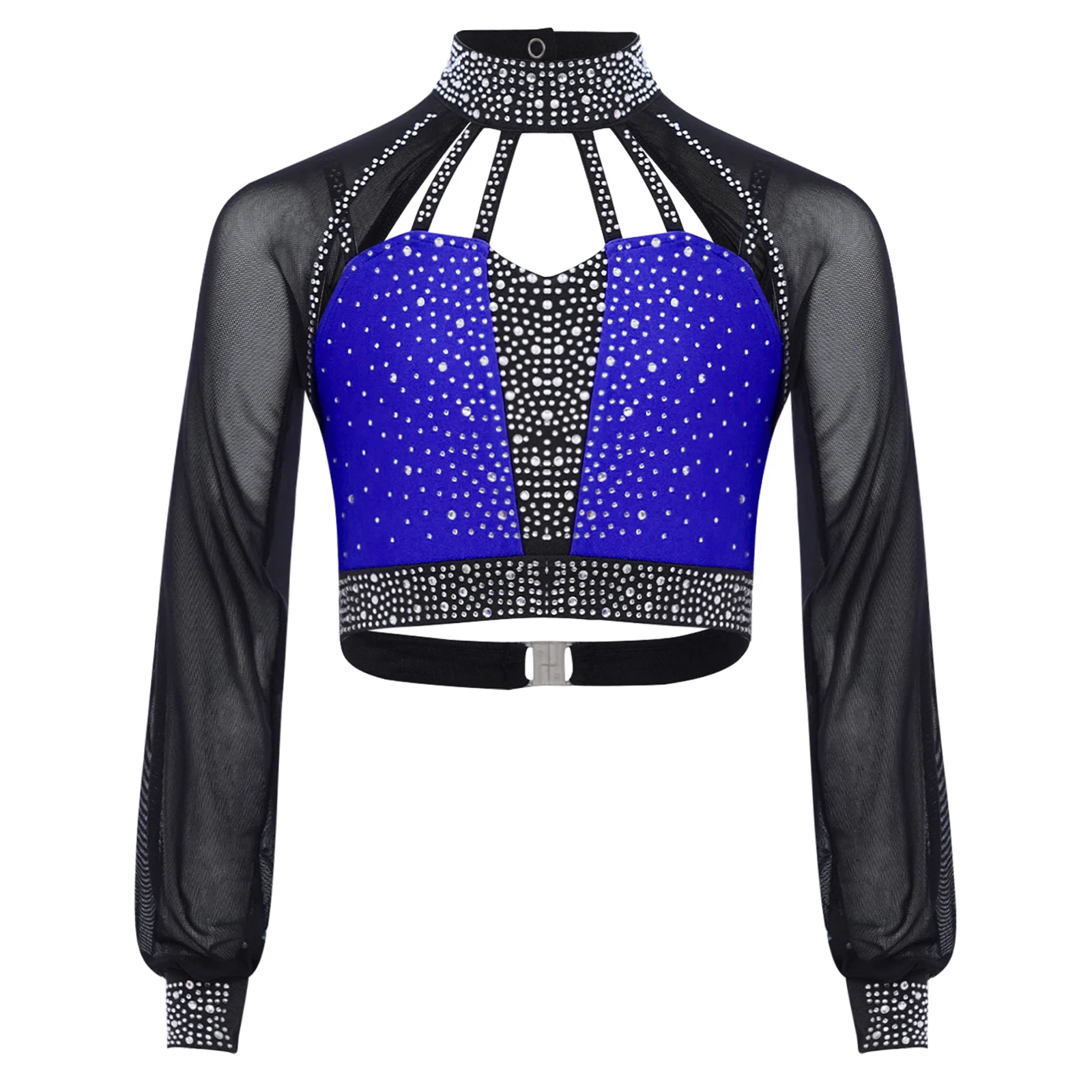 Ginnastica ritmica per ragazze Acrobazie Danza Pattinaggio di figura Costume Manica lunga Strass Crop Top con gonna a rete Vestito da balletto