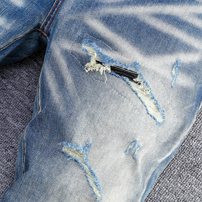 Designer Fashion New Men's Jeans with Water Washed Elastic Slimming Patchwork. Retro Blue Jeans High Street Hip Hop Brand High Q