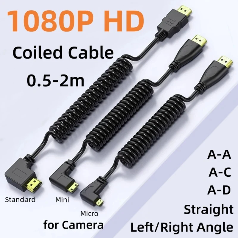 HDMI-compatible1.4 Cable Left/Right Angle Mini or Micro HDMI-compatible Spring Curl Flexible Cable for Tablet DSLR Monitor HDTV