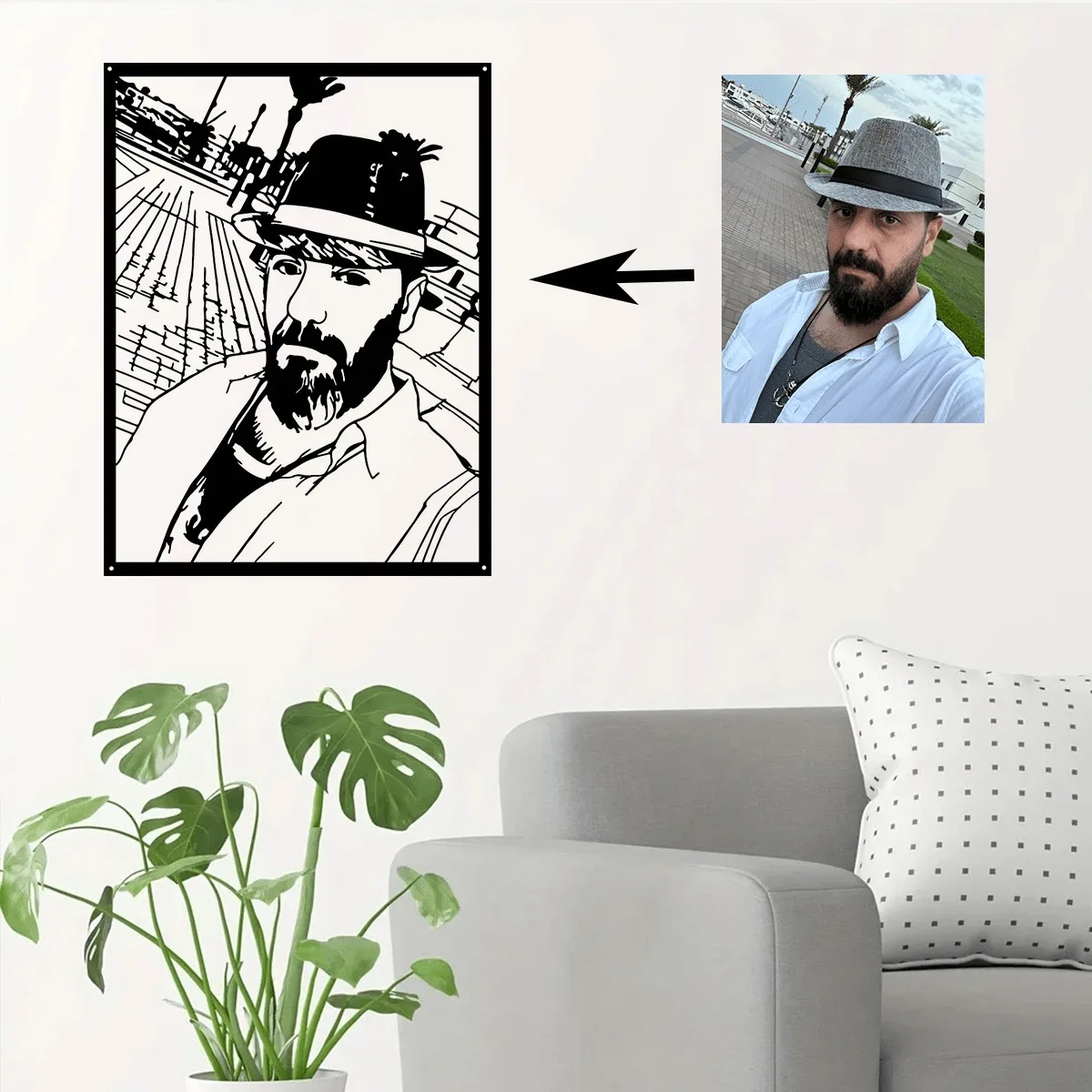 [2D Flat] Custom Bearded Man Portrait Metal Plaque, Black Line Art Male Sketch Personalized Wall Decor (Only For Decoration)