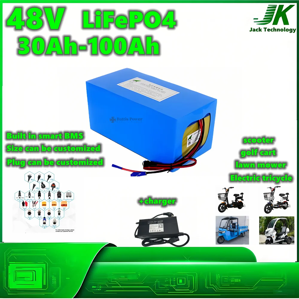 

﻿ JK 48 В, скутер LiFePO4, аккумулятор 30 Ач, 100 Ач, 80 Ач, 70 Ач, 60 Ач, 50 Ач, 40 Ач для электрического трехколесного велосипеда, газонокосилки, гольф-кара + зарядное устройство