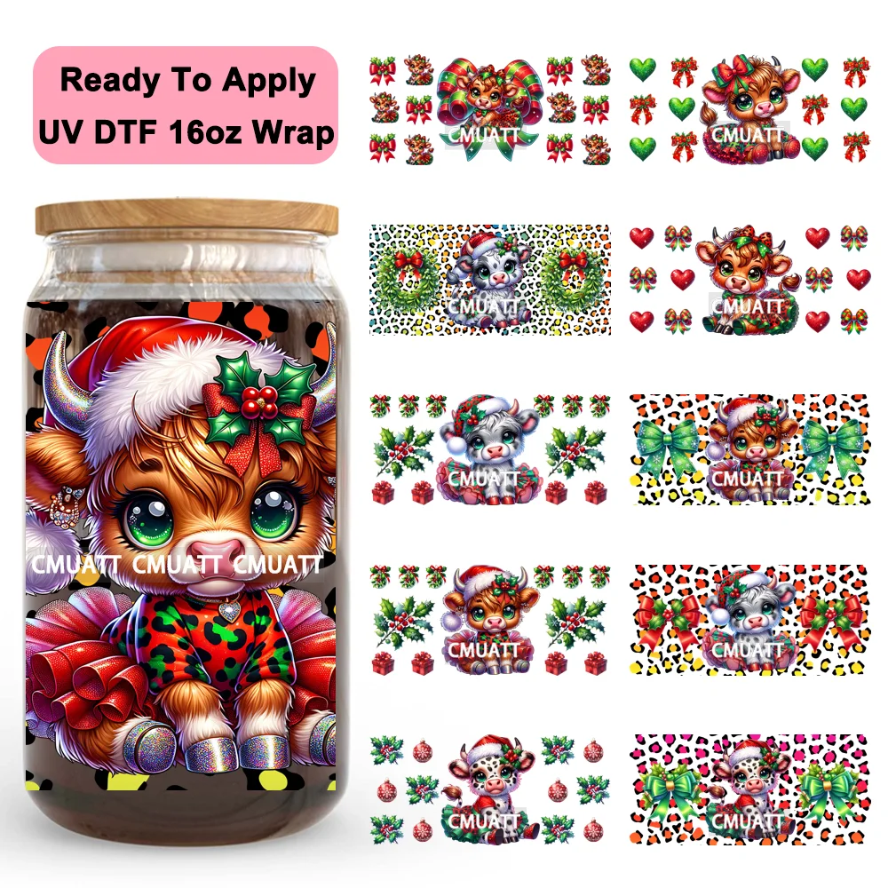 

Western Christmas Highland Cows Xmas Gift 16OZ UV DTF Cup Wraps Ready To Apply Waterproof Transfer Stickers For Libbey Glass Can