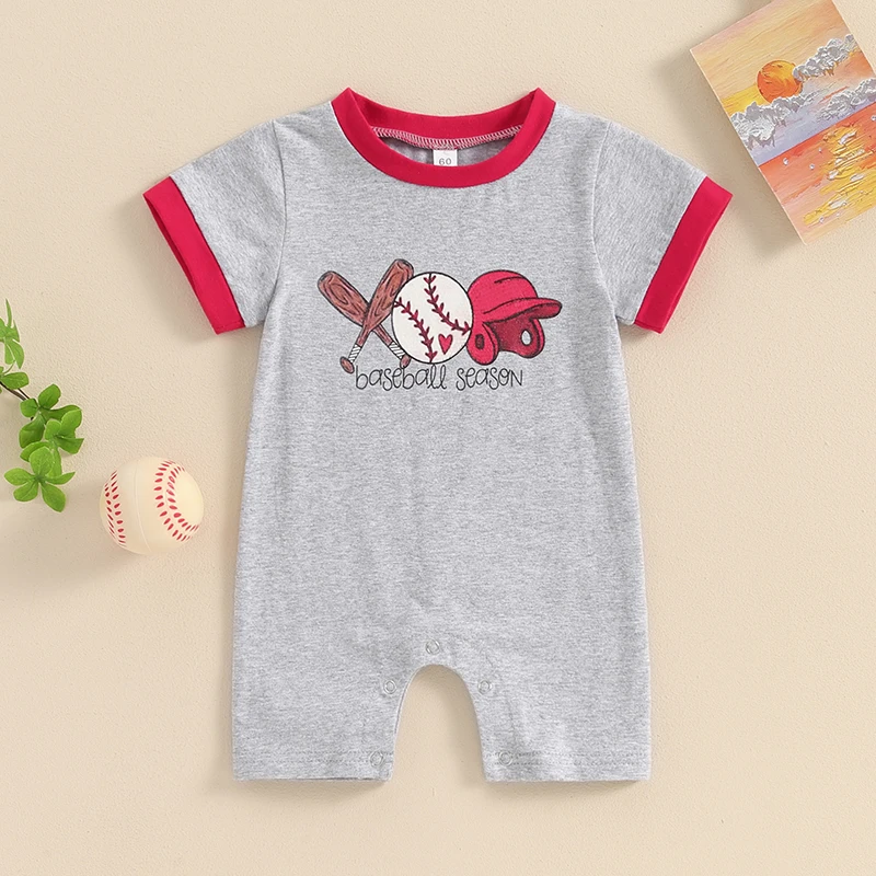 

2024-03-12 Lioraitiin 0-18M Infant Baby Boys Summer Romper Short Sleeve Crew Neck Baseball Print Casual Jumpsuit