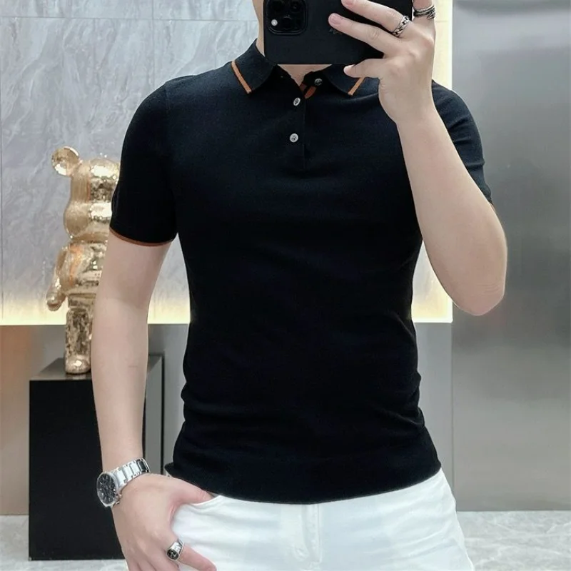 Summer New High Quality Simple Lapel Knitted Polo Shirt Men Button Casual Fashion Summer Versatile Breathable Short Sleeve Tops