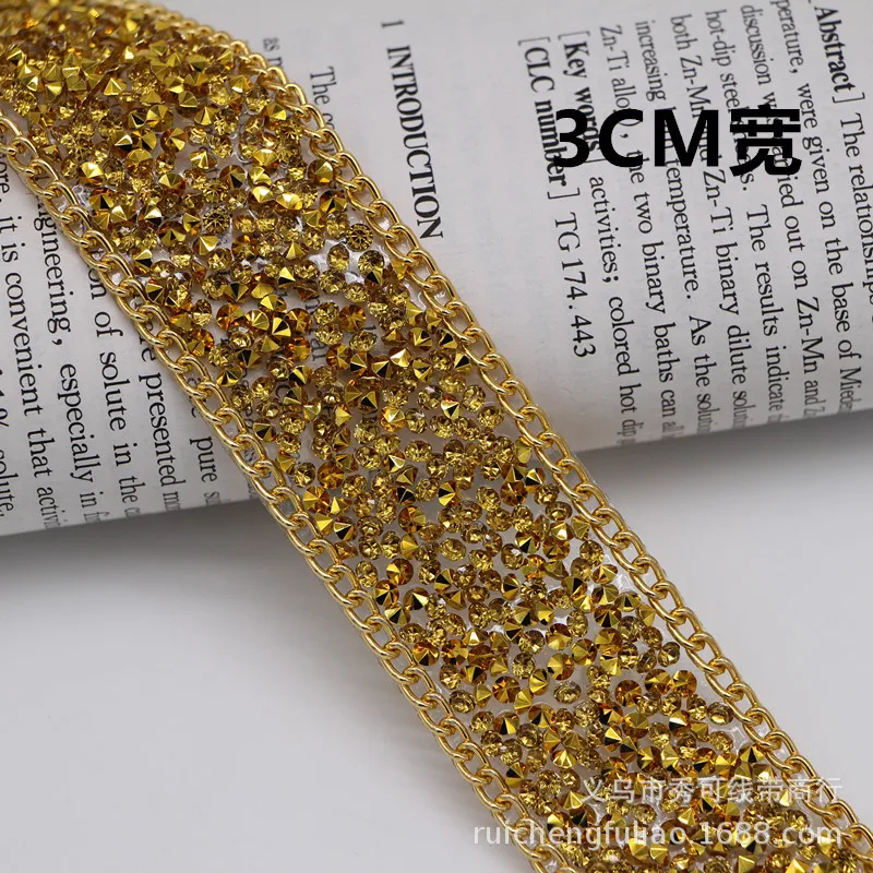 50cm Iron On Rhinestone Tape Gold Silver Hotfix Gemstone Lace Trim Hot Drilling Beaded Chain Ribbons Bridal Dress Belt Banding