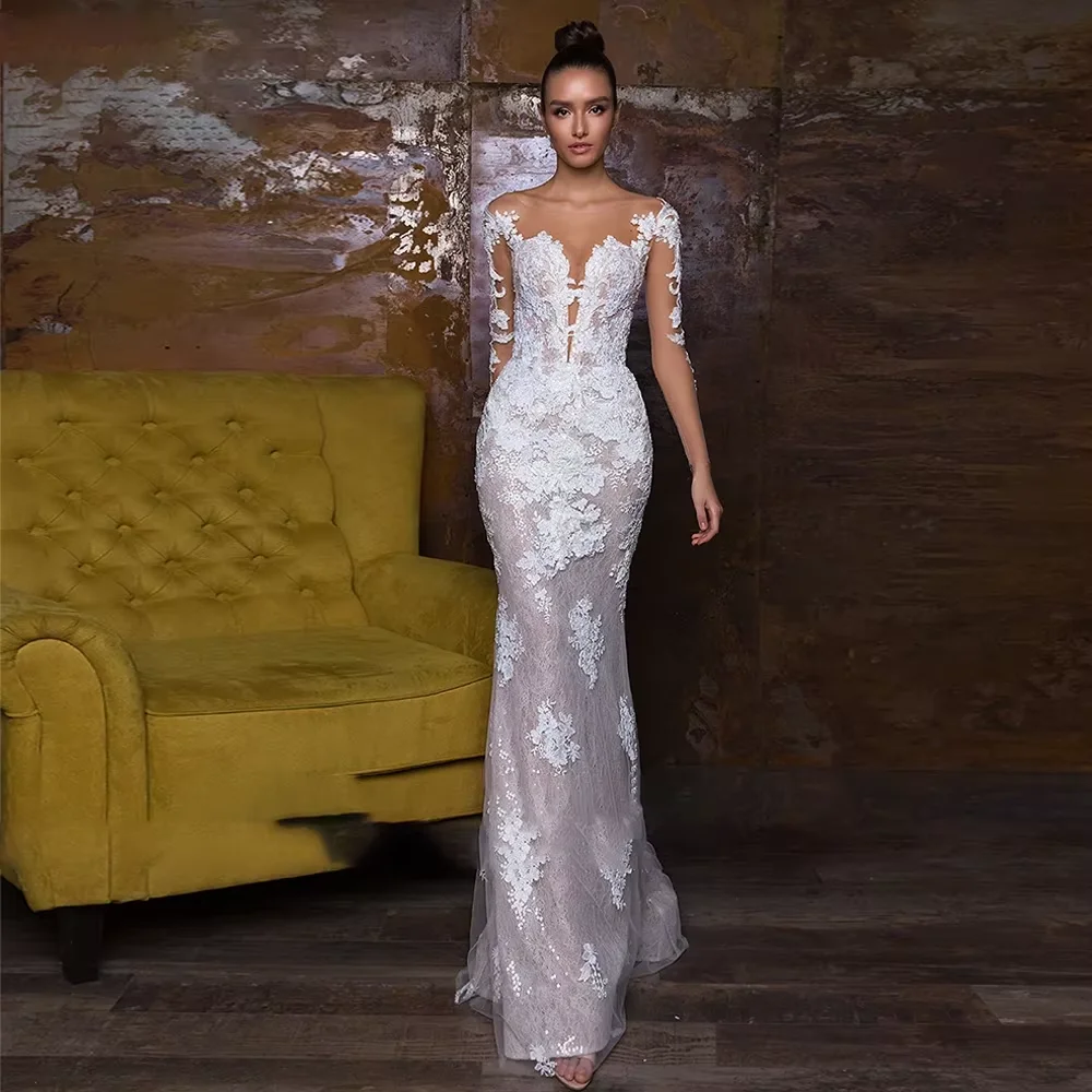 Robe de mariée sirène en dentelle, manches longues, personnalisée, avec des appliques de paillettes, avec traîne détachable, grande taille pour mariée