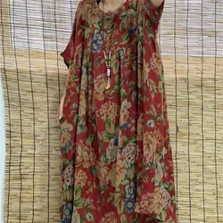 Summer New Vintage Big Flower Dress Women Comfortable Cotton Linen Robe Dresses Causal Loose Midi Vestidos Literary