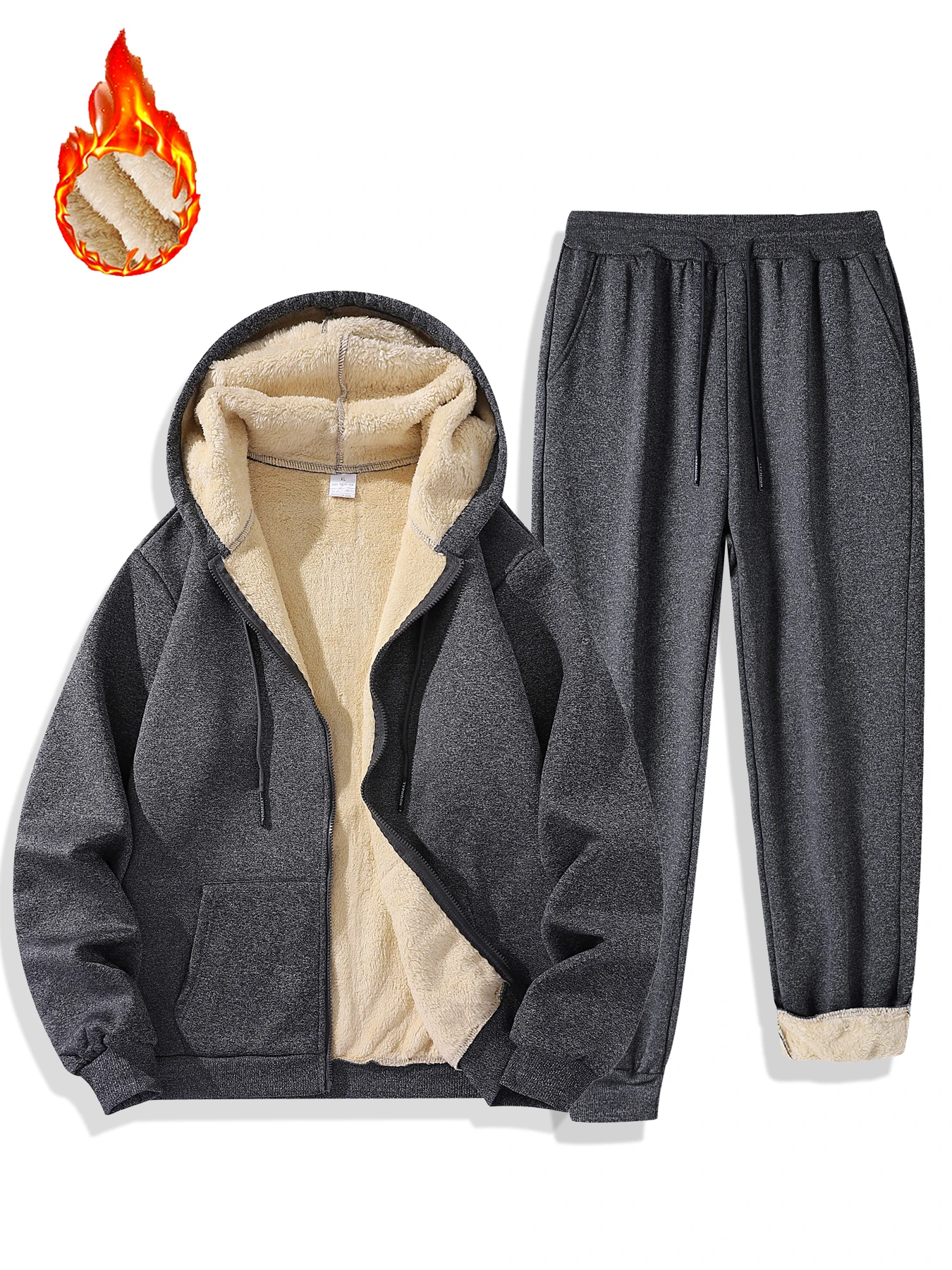 Men Winter Sherpa Lined 2 Piece Tracksuit Full Zip Hooded Jacket And Cuffed Jogger Pants Casual Outfit