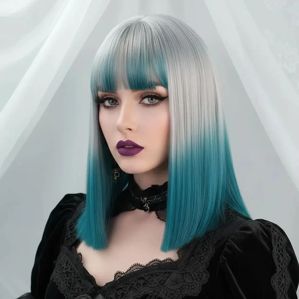 

Женские синтетические волосы серебристо-серый градиент темно-синий средней длины термостойкий косплей парик с челкой