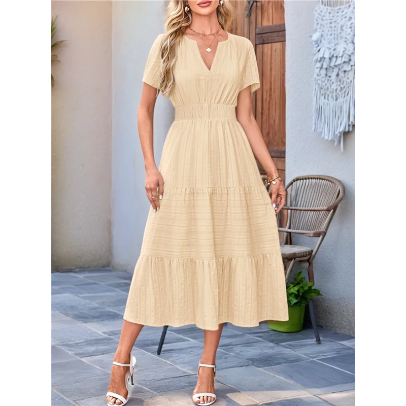 ASDS - Damskie Letnie Sukienki Midi Maxi Casual Lekkie Krótkie Rękawy Dekolt V Elastyczna Talia Sukienka Boho Plażowa Kieszenie