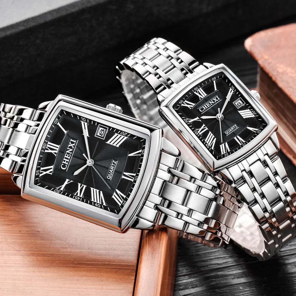 Парные повседневные часы CHENXI 079A, модные кварцевые часы с квадратным циферблатом и календарем, минималистичные водонепроницаемые полностью стальные деловые часы