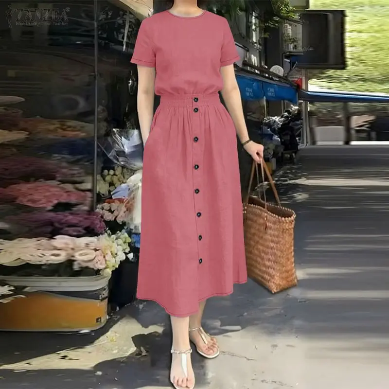 

ZANZEA 2026 Летние комплекты одежды для женщин: платья, блузки с коротким рукавом, сарафаны, элегантные костюмы из 2 предметов, повседневные однотонные спортивные костюмы