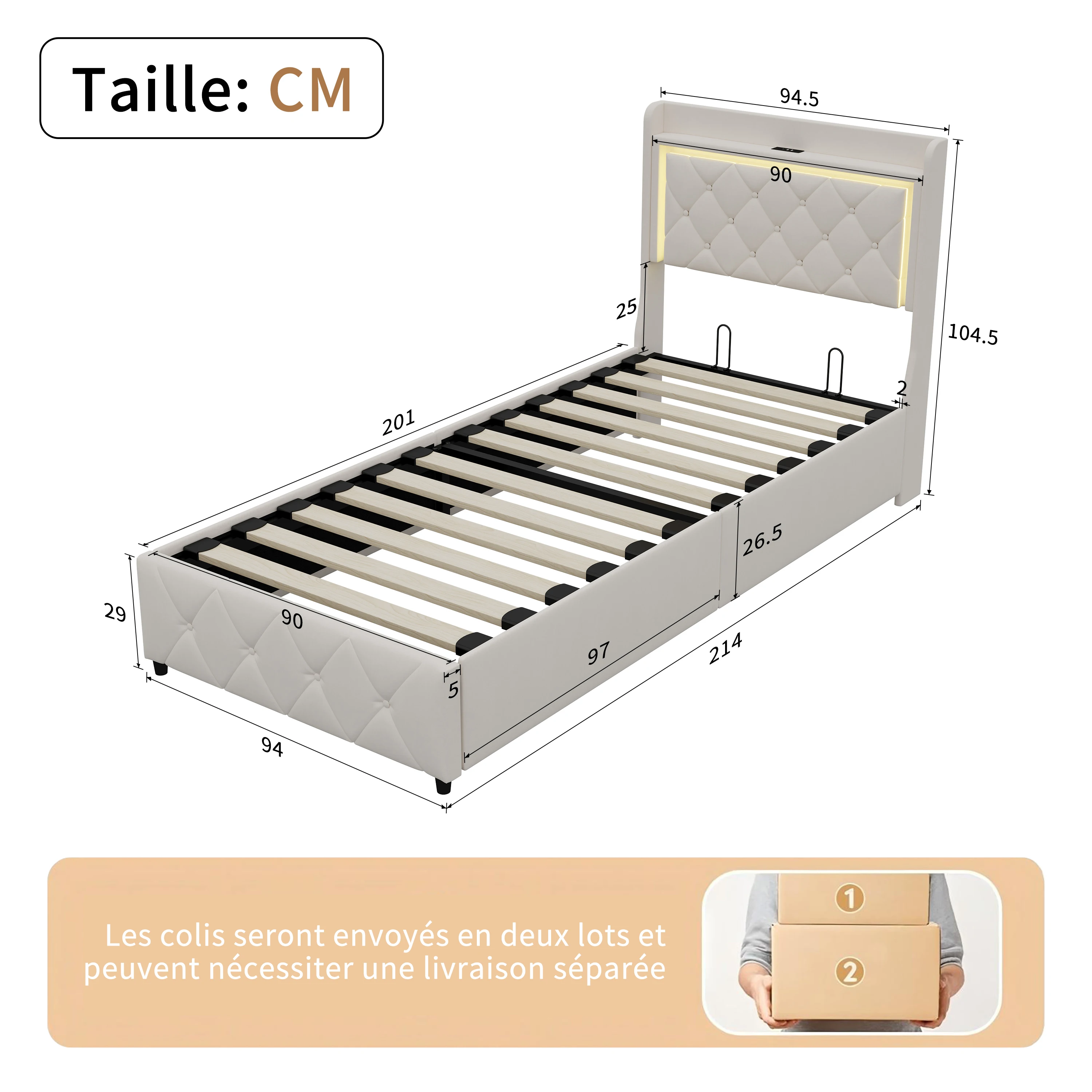 Eenpersoonsbed 90 x 200 cm, kinderbed, jeugdbed, met LED en oplaadpoort, opbergbed, jeugdbed, beige fluwelen stof