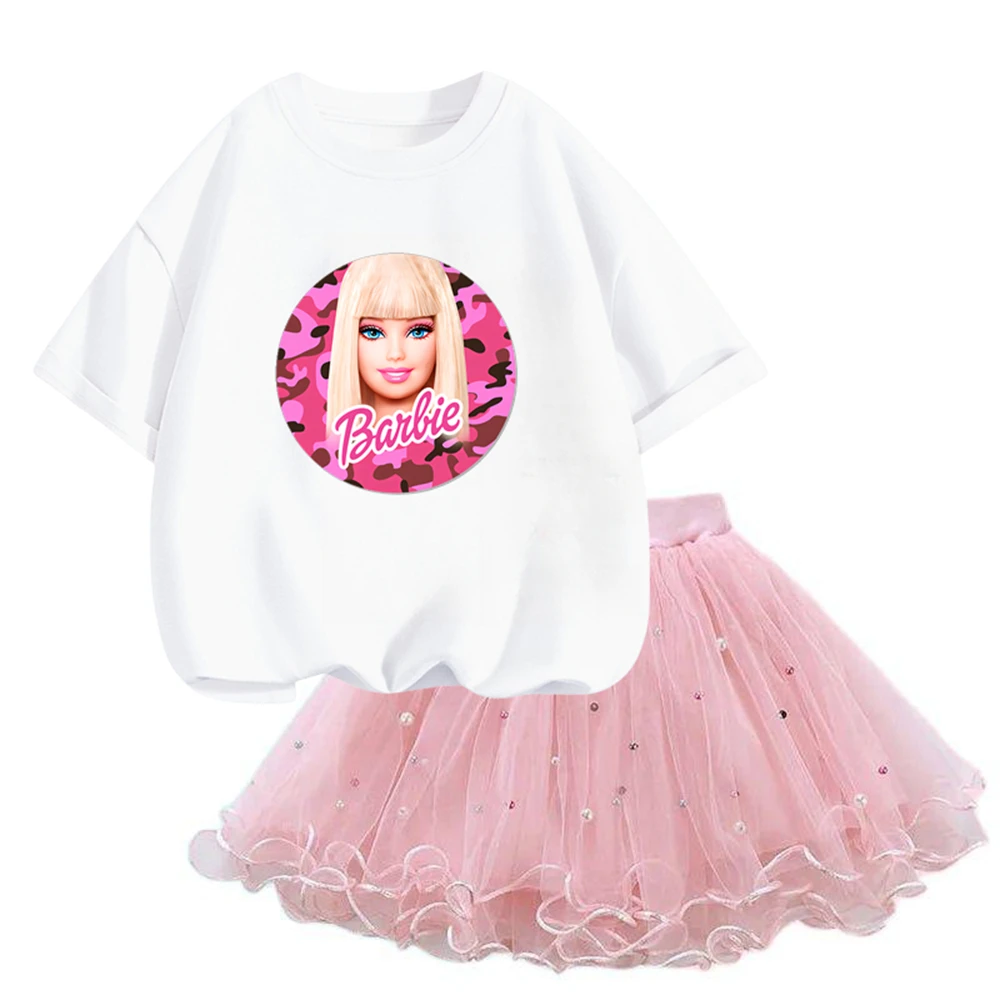 2024 Summer Barbie Print baby Suits Short-sleeved T-shirt and Tulle Skirt 2Pcs Sets Girls Party Clothes Outfits