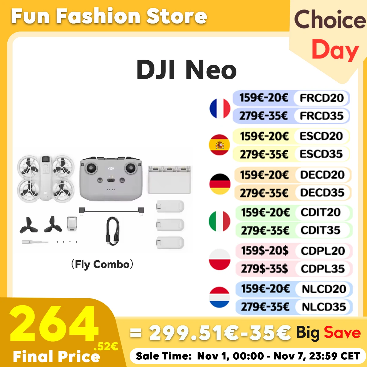 DJI Neo Combo Drone 4K vidéo Ultra-stabilisée FPV 135g léger et Portable protections d'hélice à couverture complète nouveau Stock d'origine ue C0