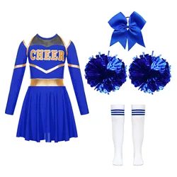 Kids Girl Cheerleading Jazz Dance Performance Costume Long Sleeve Leotard Dress with Headwear Flowers Socks Sport Meeting Outfit
