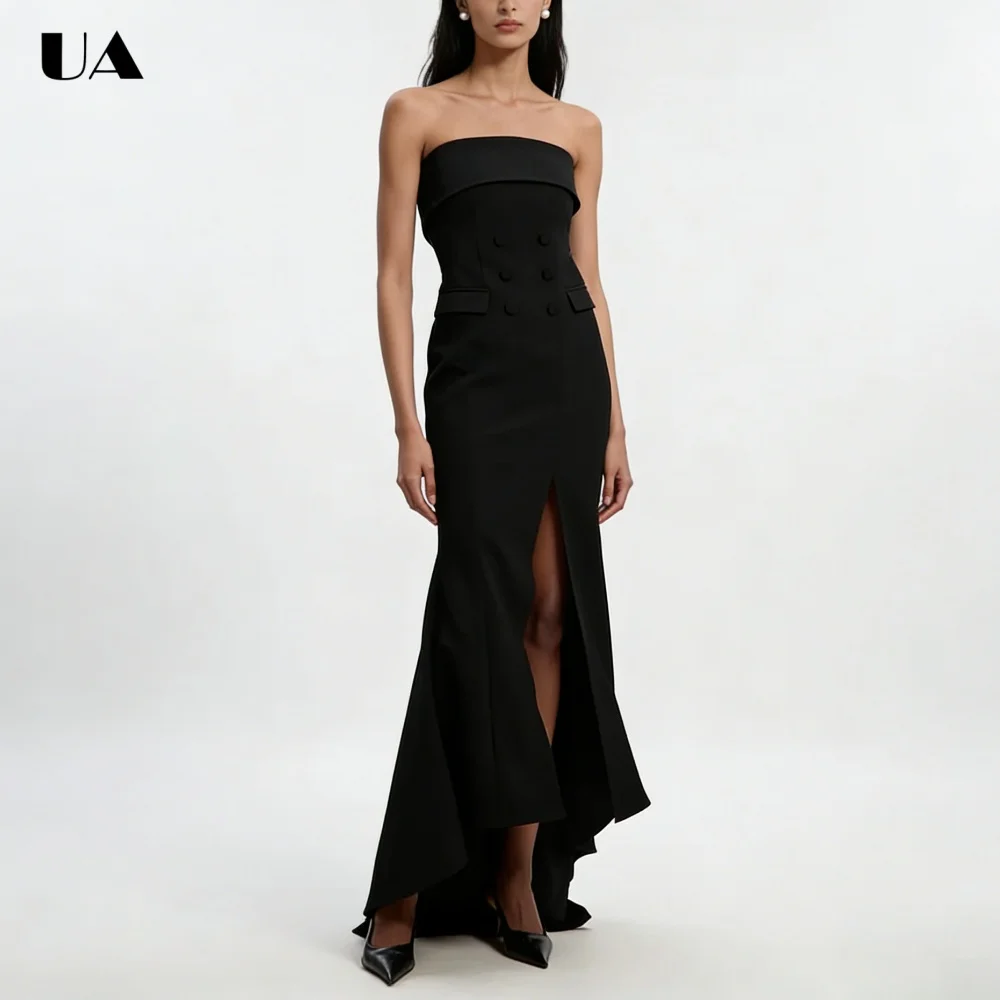 

ULBYANRY Customized Mermaid Folded Strapless Prom Dress for Woman, Trendy Asymmetrical Evening Dress, Elegant Button Party Dress