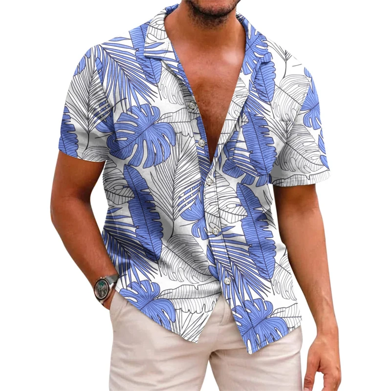 Camicia da uomo modello stampato risvolto estivo a righe a maniche corte hawaiano vacanza quotidiana traspirante casual e confortevole