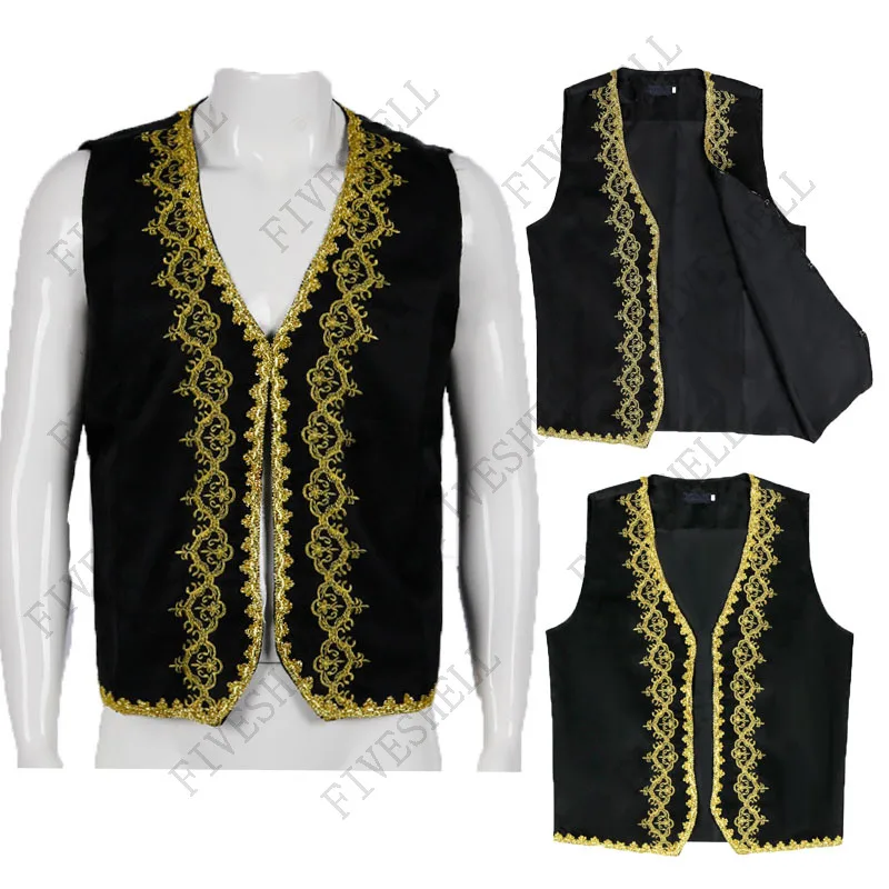 Men Medieval Cosplay Jacket Vest Victorian Prince Waistcoat Stage Prom Drama Opera Outfit Stylish Gold Embroidery Baroque Vest