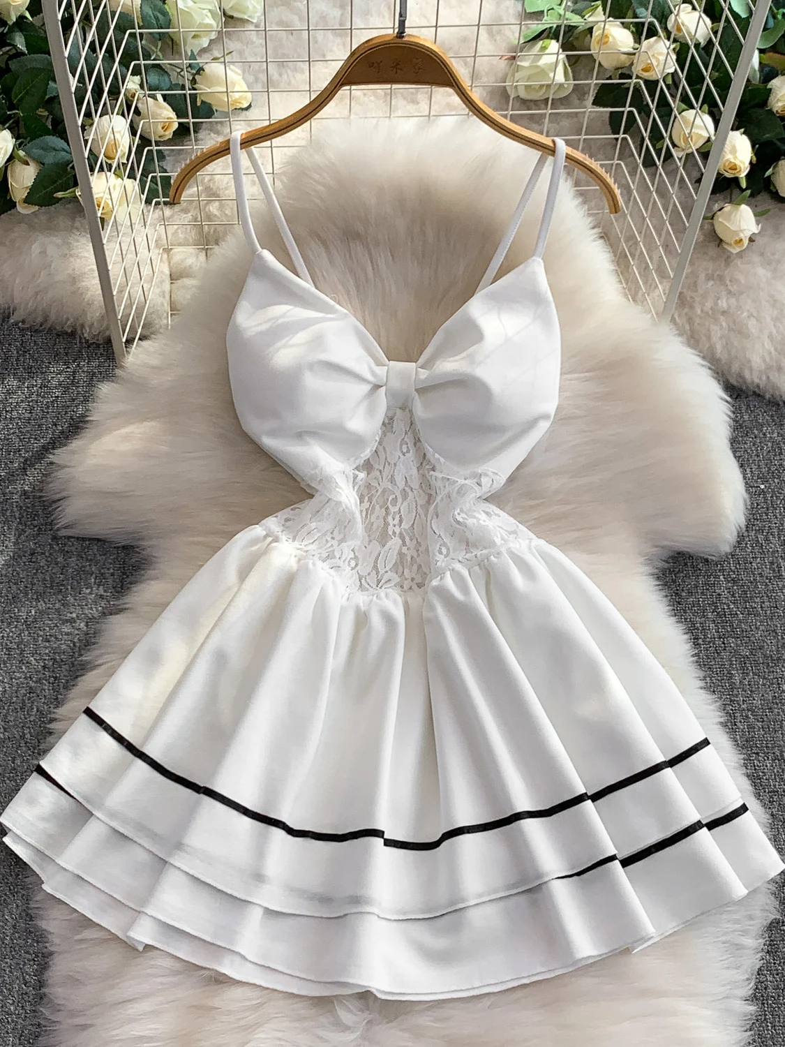 

Sexy Bal V-Ne Strap Dr Lace Patchwork High Waist Slimming Pleated ort Skirt Women's Summer Dr Casual A-Line Skirt