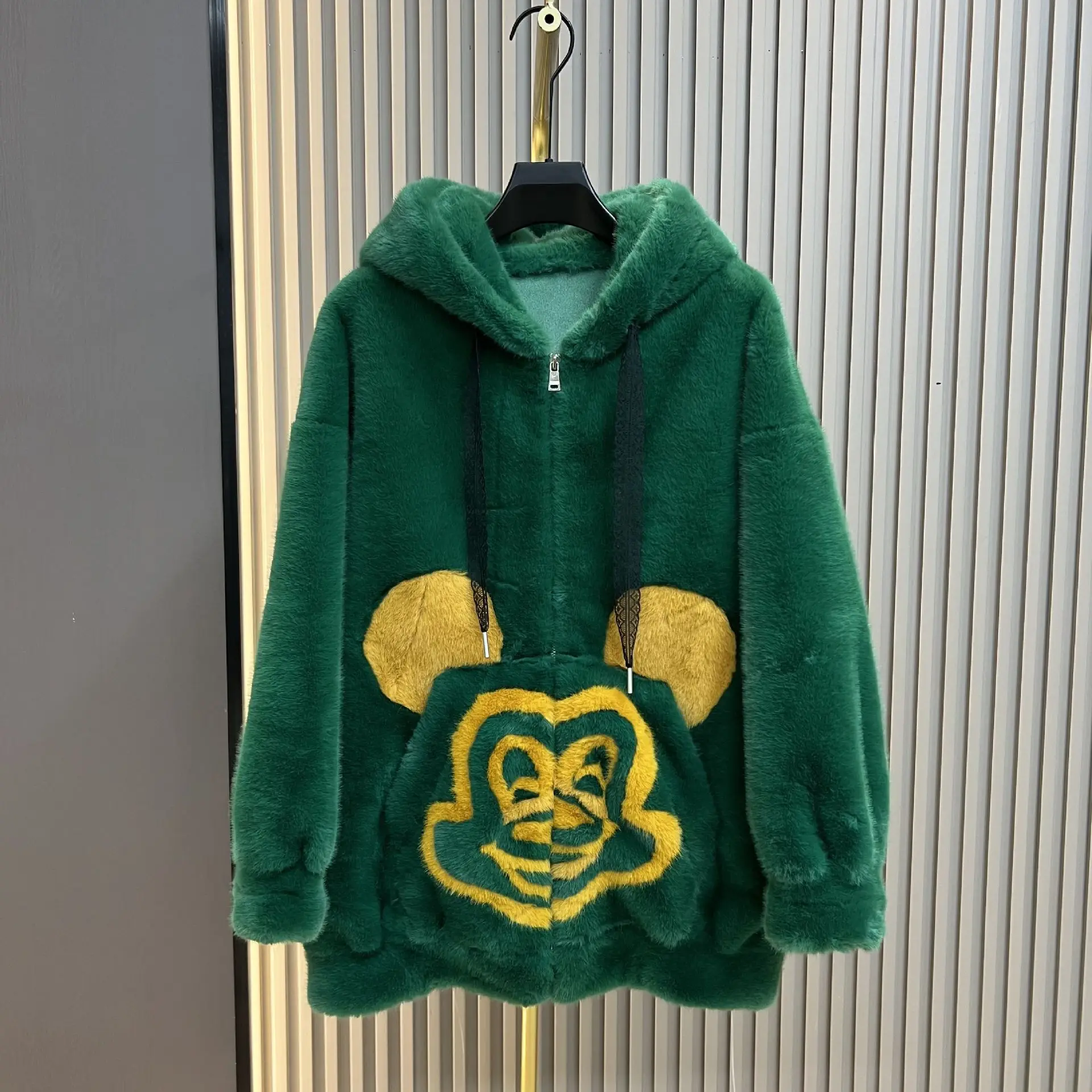 Autumn Winter 2025 New European Velvet Color Block Hooded Casual Cartoon Pattern Zipper Women's Faux Fur Coat Furry Sweatshirts