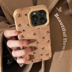 Retro flowers Suede leather art Phone Case For iPhone 17 16 15 14 13 12 11 Pro Max 17 air Case Cute Luxury Cartoon leather Cover